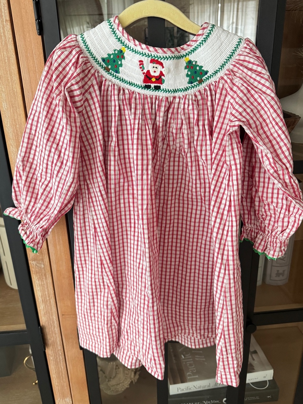 Santa Christmas smocked dress bishop long sleeve tree windowpane plaid toddler
